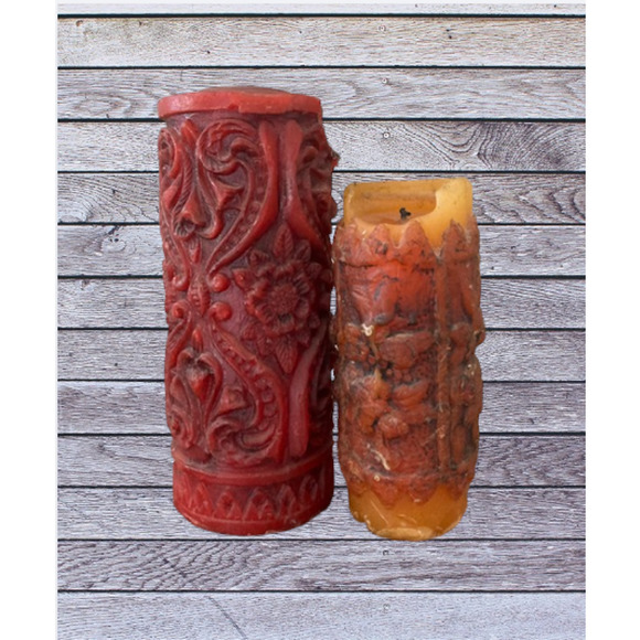 1970's FLORAL Carved Candles - Vintage Red & Orange Brocade Pillar Candles - Picture 2 of 6